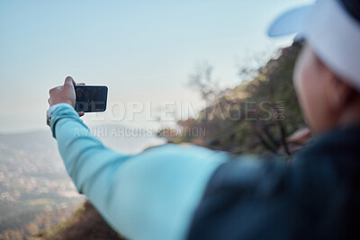 Buy stock photo Hiking, women and friends with selfie hand on mountain for profile picture, social media post or trail progress update. Fitness, backpacker and photography in nature for bonding, adventure and memory