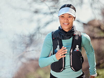 Buy stock photo Woman, running and woods for outdoor cardio, endurance and mountain marathon for exercise. Female person, training practice and nature for action, forest and sports challenge for workout fitness