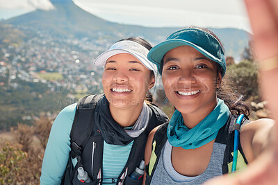 Buy stock photo Hiking, women and portrait with selfie on mountain for profile picture, social media post or trail progress update. Friends, backpack team and photography in nature for fitness, adventure and memory