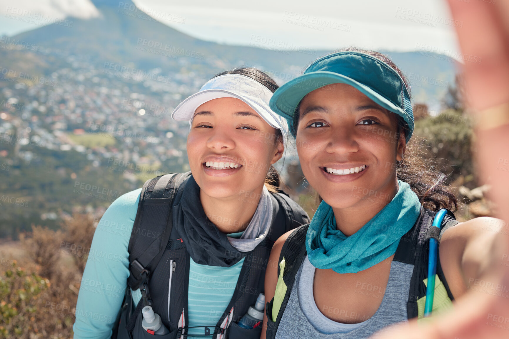 Buy stock photo Hiking, women and portrait with selfie on mountain for profile picture, social media post or trail progress update. Friends, backpack team and photography in nature for fitness, adventure and memory