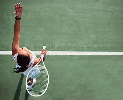 Buy stock photo Tennis court, game and racket of woman for serve, competition and match challenge in sports by mockup. Above, female person or athlete with hobby for play, practice or fitness training for tournament