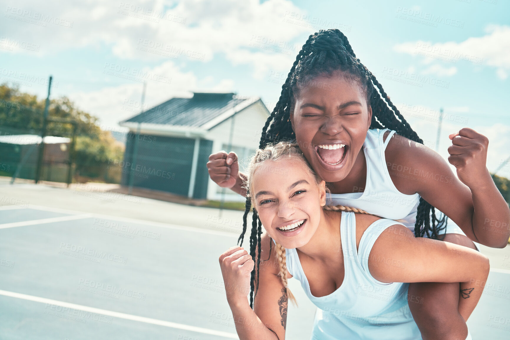 Buy stock photo Tennis player, women and celebration portrait on court with piggyback, victory fist and match success. Sport team, screaming and excited for tournament achievement, competition winner and teamwork