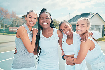 Buy stock photo Tennis, friends portrait of women hug on court for teamwork, support and training for tournament. International sports, fitness and people outdoors for exercise, practice and workout for competition