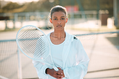 Buy stock photo Tennis court, serious and woman with racket in portrait for outdoor exercise, training and tournament. Sports, player and female athlete with equipment in fitness for competition, practice or workout