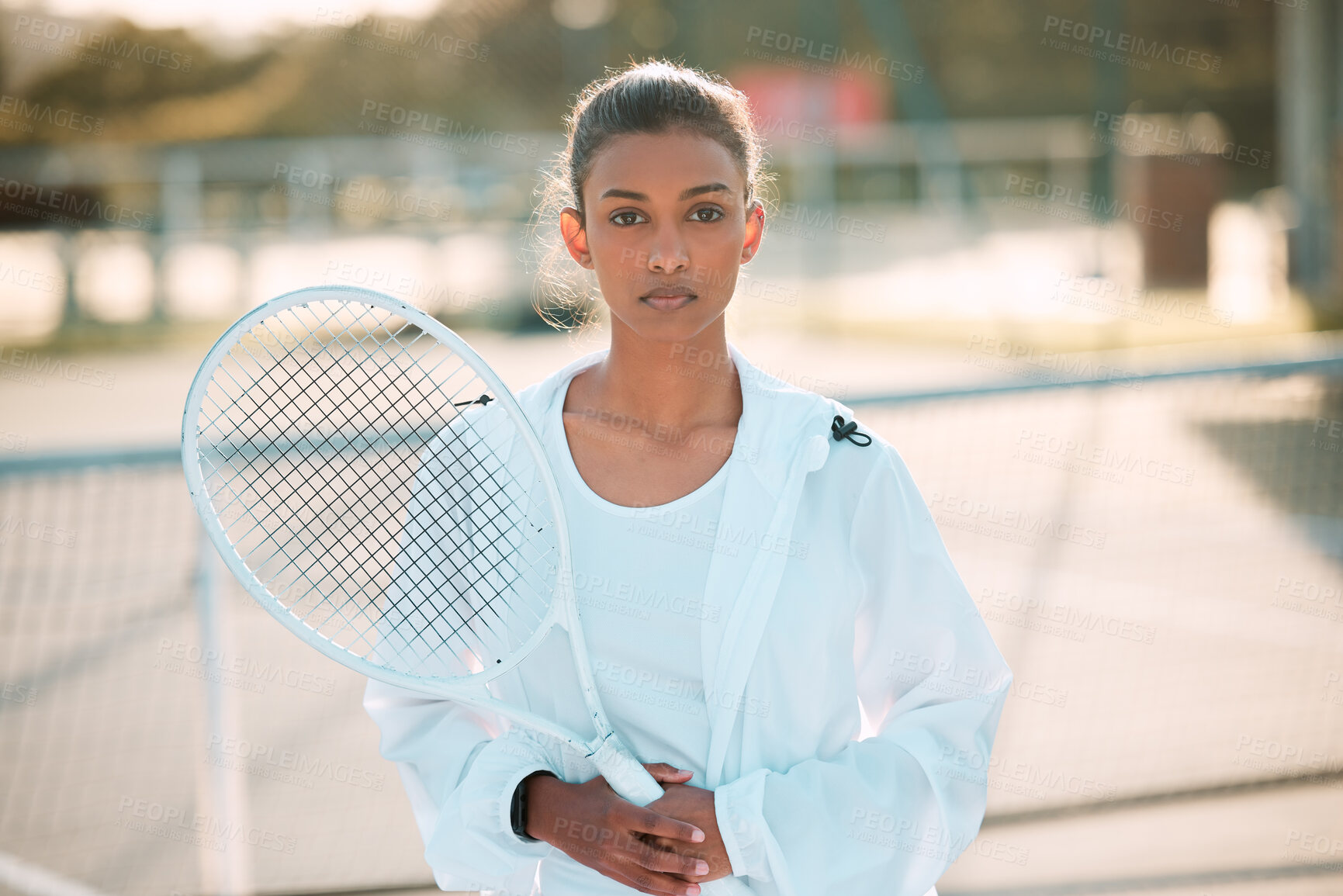 Buy stock photo Tennis court, serious and woman with racket in portrait for outdoor exercise, training and tournament. Sports, player and female athlete with equipment in fitness for competition, practice or workout