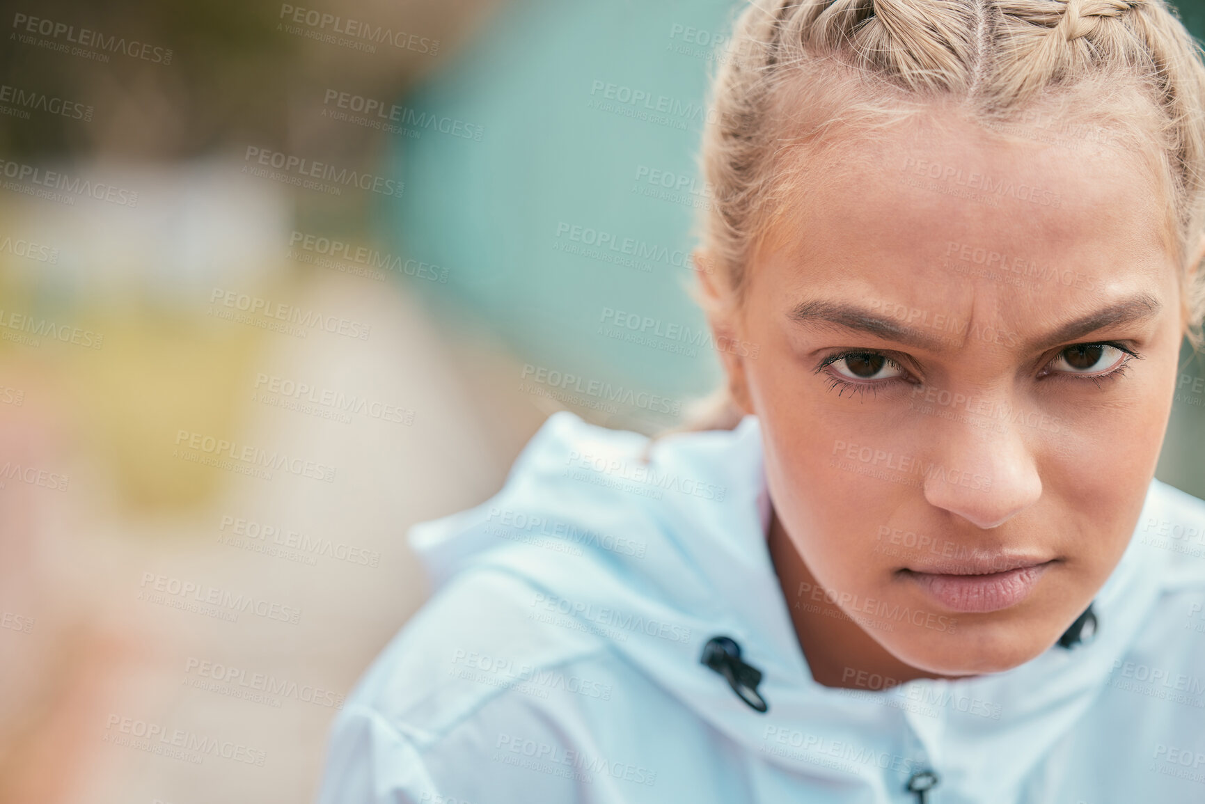 Buy stock photo Woman, portrait and serious at tennis court for game, training and outdoor for challenge in summer. Person, sports and face for exercise, workout and development at club, field or pitch in Germany