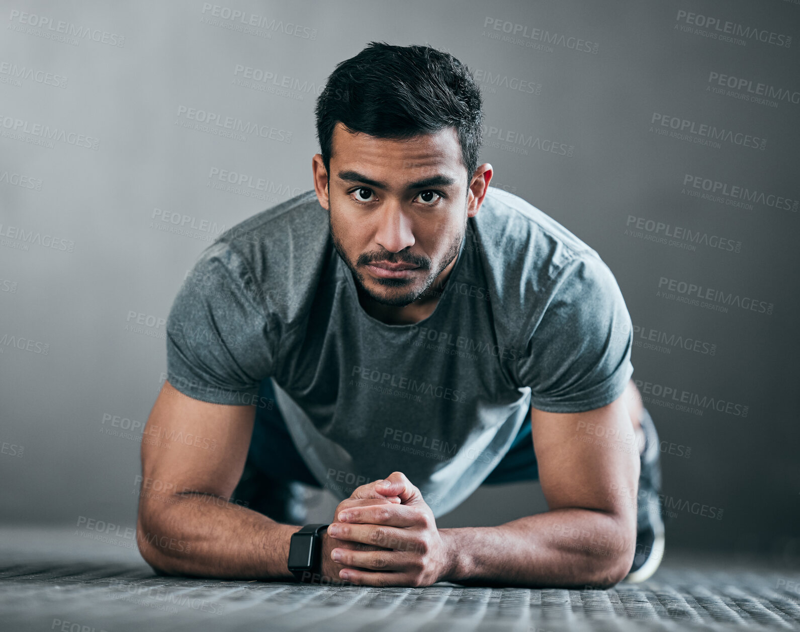 Buy stock photo Asian man, portrait and plank in gym for fitness, strong muscle development and intensity workout. Male person, core and confident in exercise routine at club, training challenge and bodybuilder