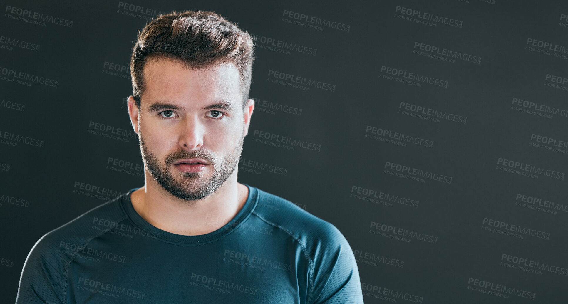 Buy stock photo Mockup space, fitness and portrait of man on gray background for exercise, training and workout in gym. Health, sports and isolated person with serious face for challenge, performance and wellness