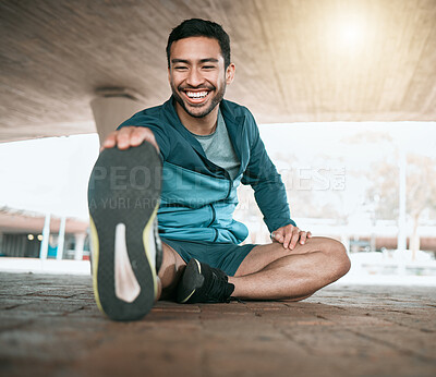 Buy stock photo Man, stretching and foot for workout and fitness in the outdoor for wellness in the city. Male athlete, stretch and legs while sitting for training and exercise for sports competition in parking. 