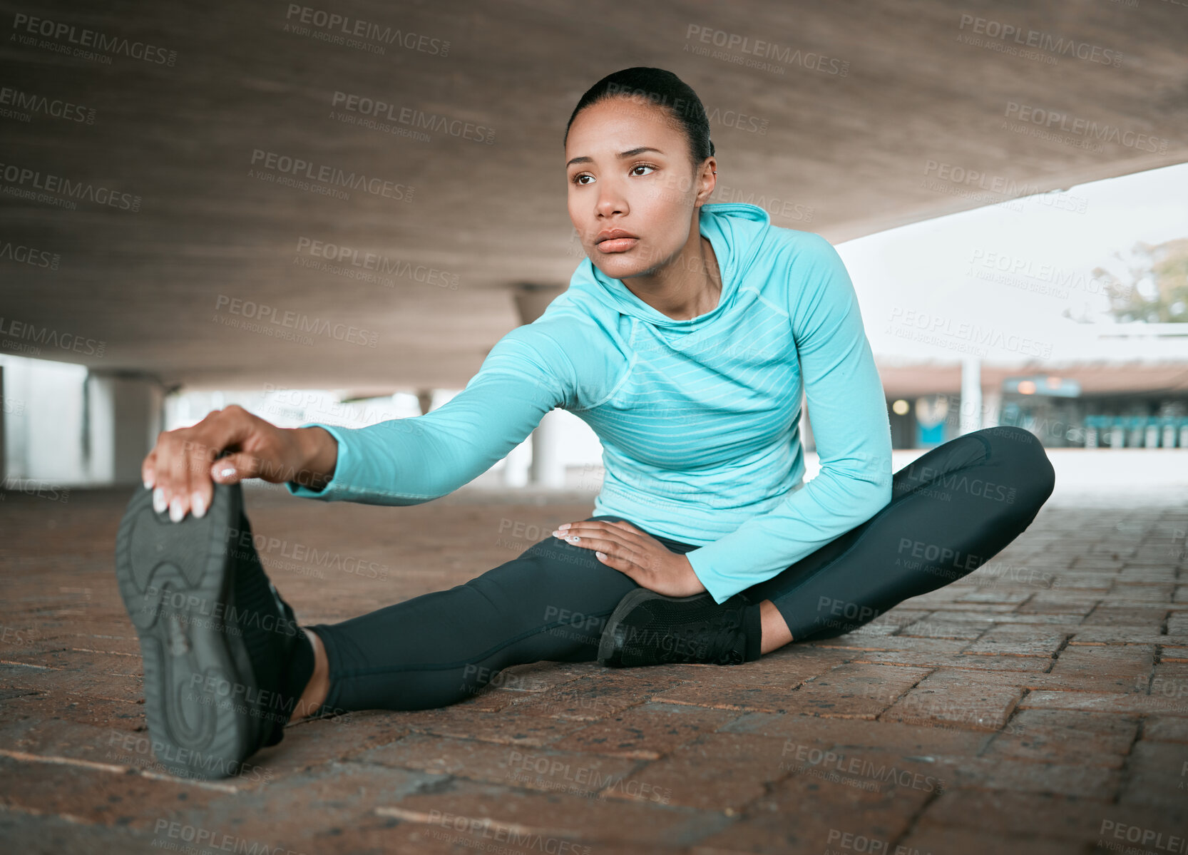 Buy stock photo Stretching, exercise and woman with thinking on ground for fitness, workout and warm up in morning. Serious, athlete and person with flexibility of leg for muscle, training and preparing for run
