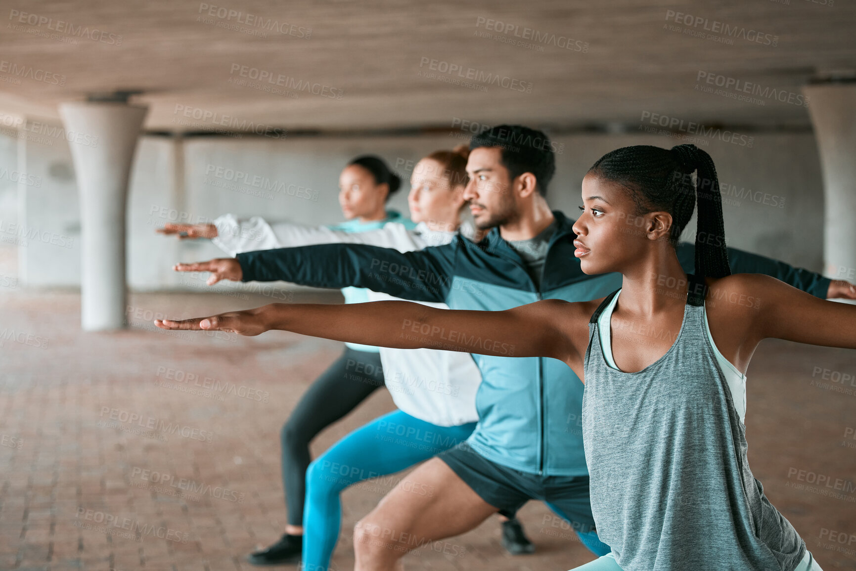 Buy stock photo Team, exercise and friends stretching as a fitness club for sports, health and wellness in an urban class together. Sport, commitment and people training or group doing pilates workout in yoga