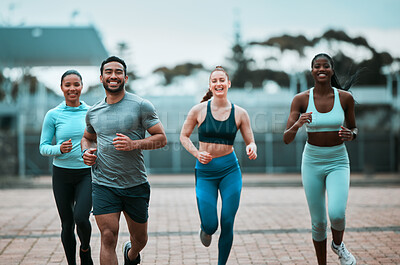 Buy stock photo Portrait, running and group on a track, exercise and workout goal with motivation, happiness and race. Face, man or women outdoor, run or race for training, fitness and health with wellness and smile
