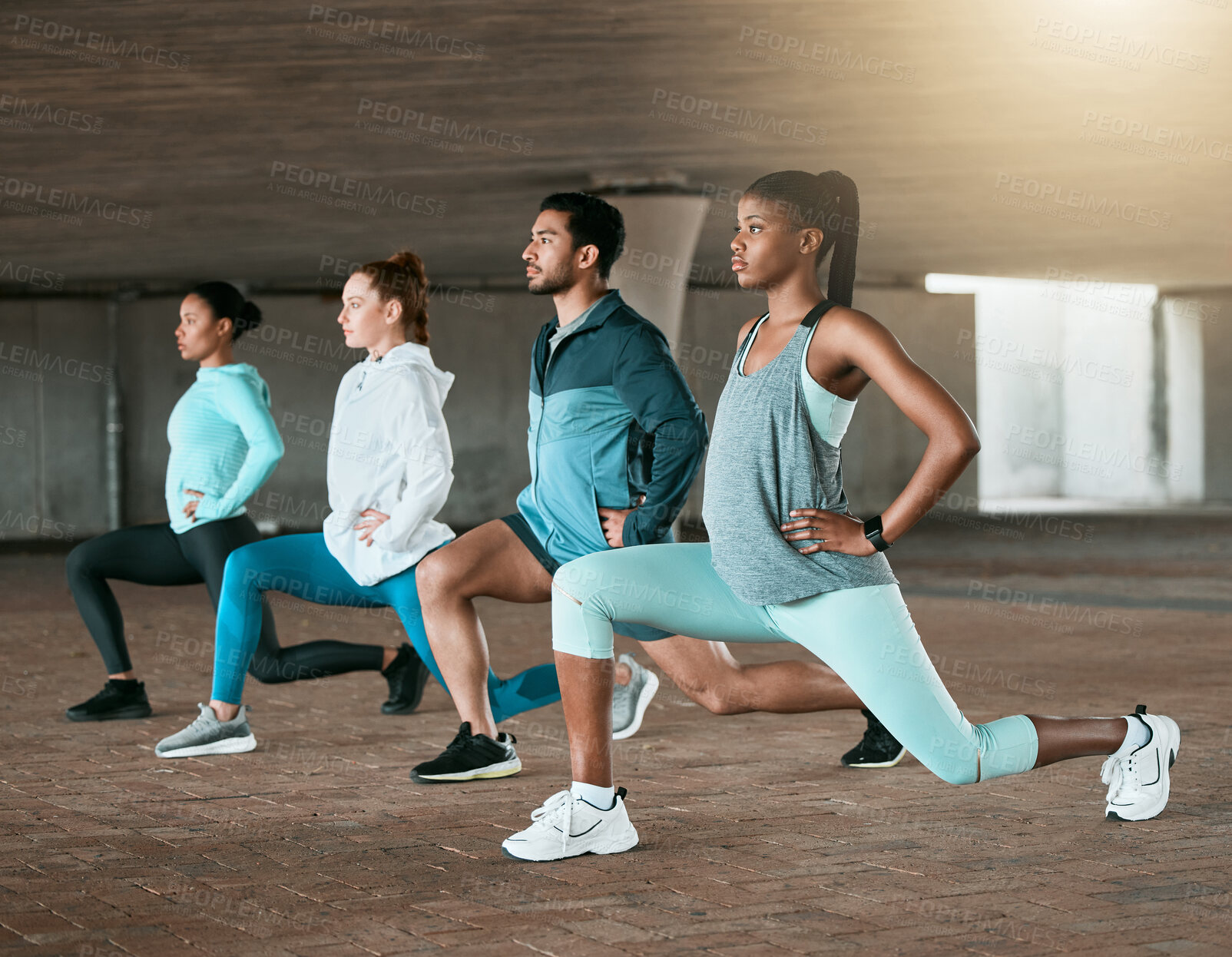 Buy stock photo Team, training and people stretching as a fitness club for sports, health and wellness in an urban class together. Sport, commitment and friends exercise or team doing pilates workout in yoga