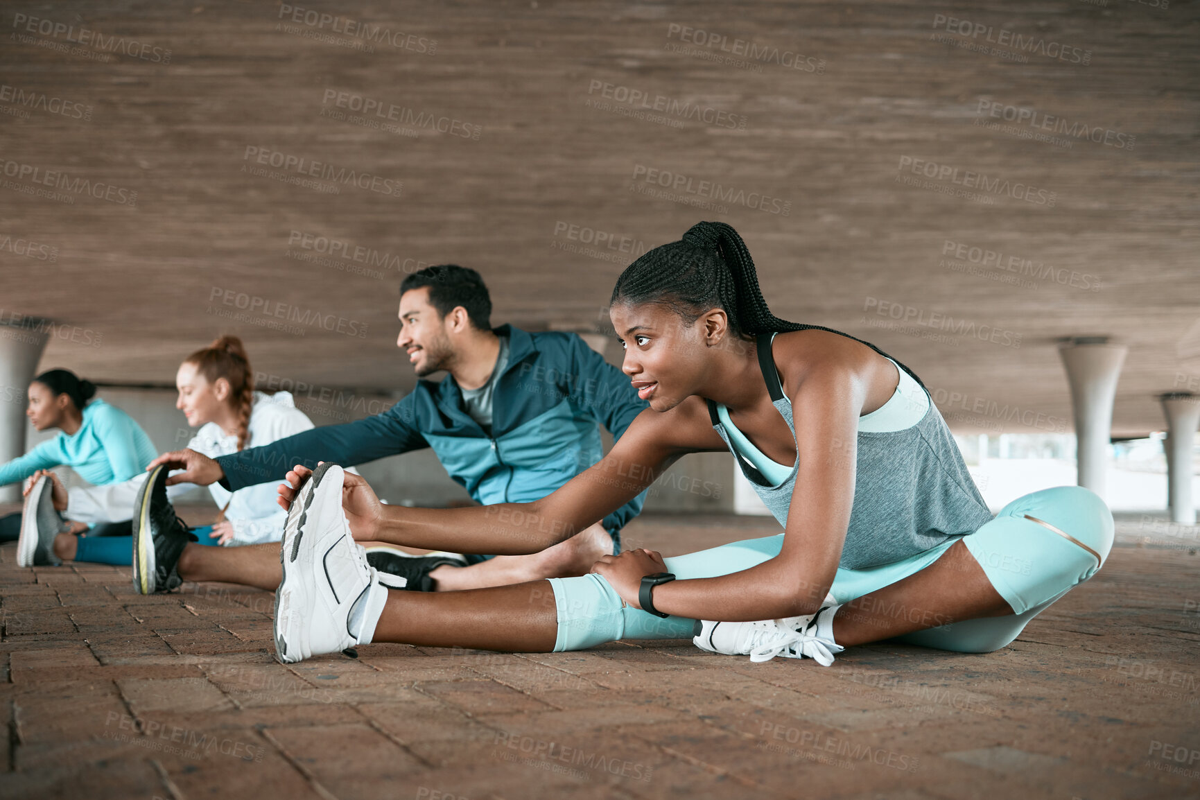 Buy stock photo Group, training and friends stretching as a fitness club for sports, health and wellness in an urban town together. Sport, commitment and people exercise or team doing warm up workout in a city
