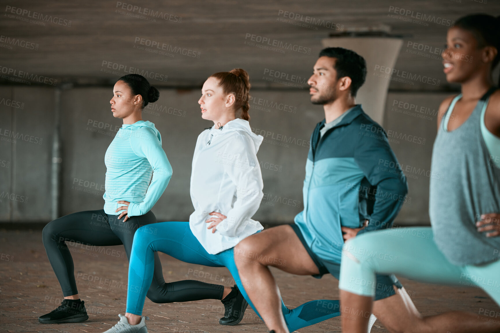 Buy stock photo Friends, workout and people stretching as a fitness club for sports, health and wellness in an urban class together. Sport, commitment and group training or team doing pilates exercise in yoga