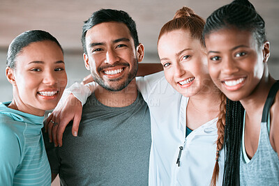Buy stock photo Shot of a group of friends hanging out before working out together