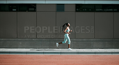 Buy stock photo Black woman, running and city sport on sidewalk with training, exercise and fitness on road. Street, urban runner and female athlete with mockup and body workout for health, wellness and race outdoor