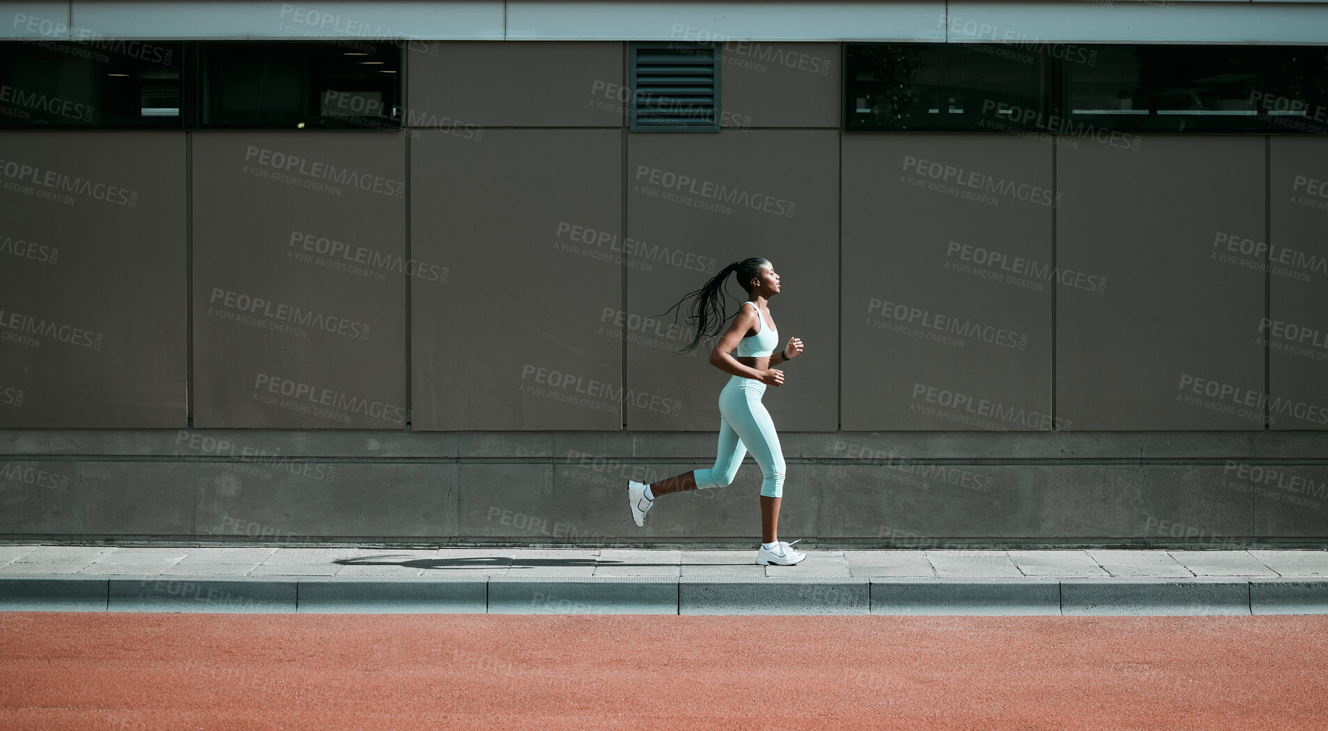 Buy stock photo Black woman, running and city sport on sidewalk with training, exercise and fitness on road. Street, urban runner and female athlete with mockup and body workout for health, wellness and race outdoor