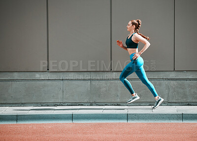 Buy stock photo Young woman, urban running and city sidewalk with training, exercise and fitness on road. Street, runner profile and female athlete with mockup and body workout for health, wellness and race outdoor
