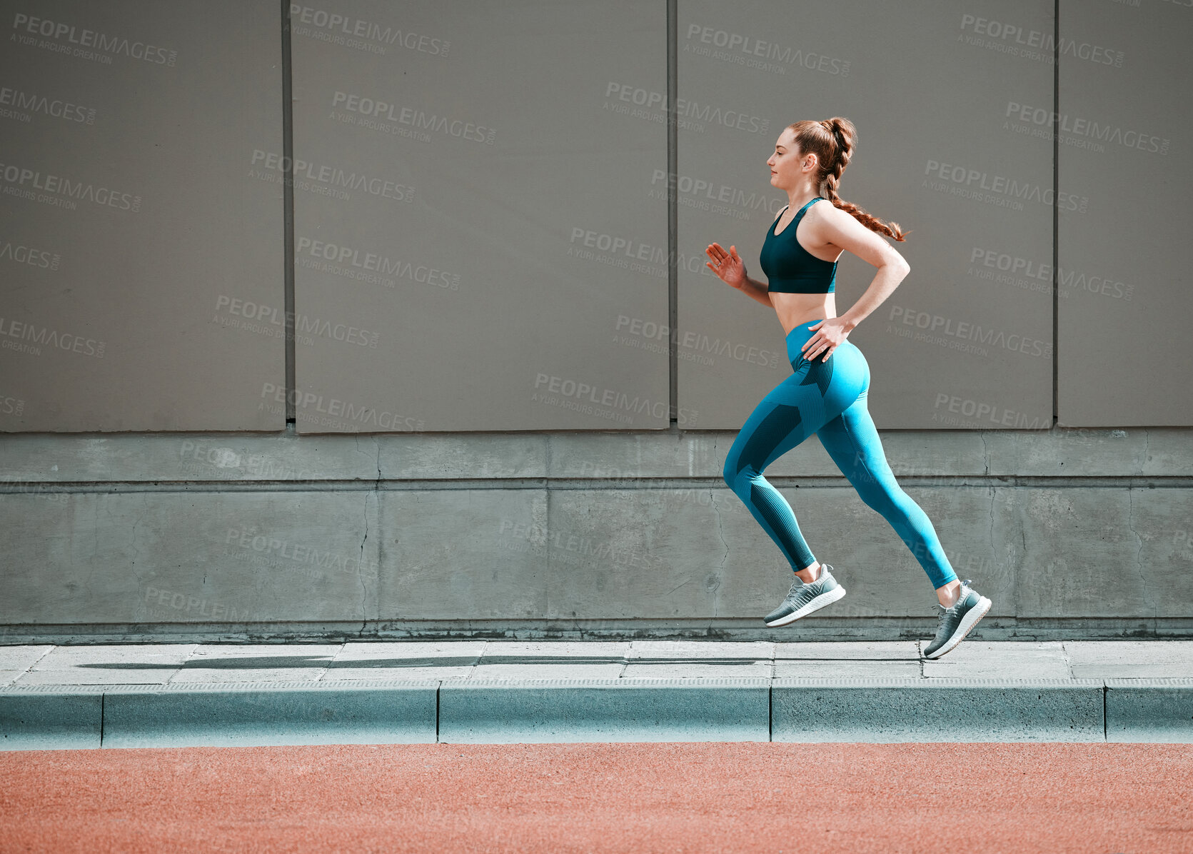 Buy stock photo Young woman, urban running and city sidewalk with training, exercise and fitness on road. Street, runner profile and female athlete with mockup and body workout for health, wellness and race outdoor