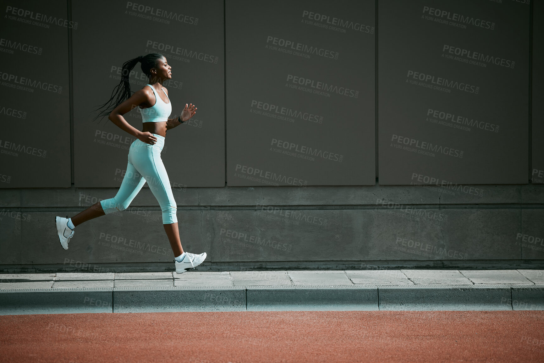 Buy stock photo Black woman, running and city sidewalk with training, exercise and fitness on urban road. Street, runner profile and female athlete with mockup and body workout for health, wellness and race outdoor