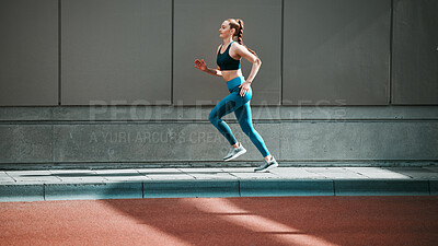 Buy stock photo Young woman, sport running and city sidewalk with training, exercise and fitness on urban road. Street, runner profile and female athlete with mockup and workout for health, wellness and race outdoor