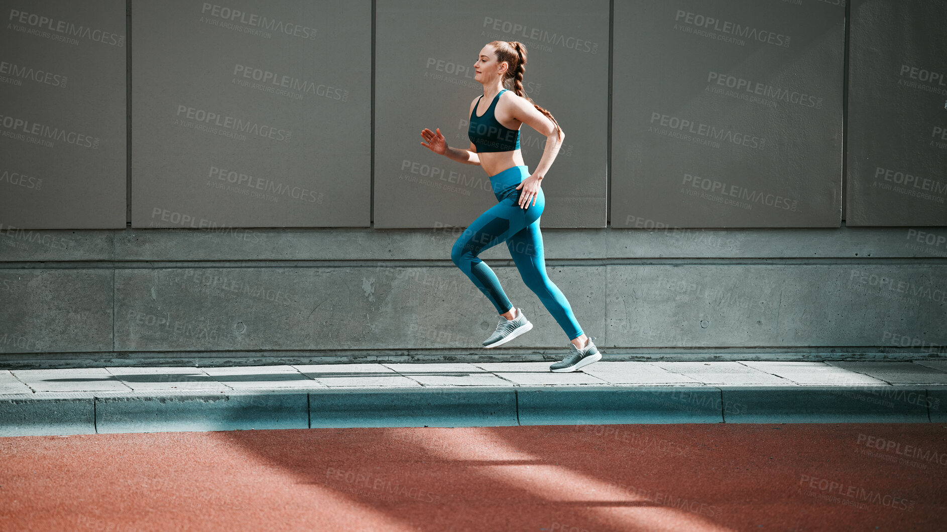 Buy stock photo Young woman, sport running and city sidewalk with training, exercise and fitness on urban road. Street, runner profile and female athlete with mockup and workout for health, wellness and race outdoor