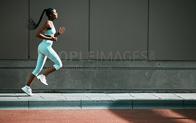 Buy stock photo Black woman, run and city sidewalk with training, exercise and fitness on urban road. Street, runner profile and female athlete with mockup and running workout for health, wellness and race outdoor