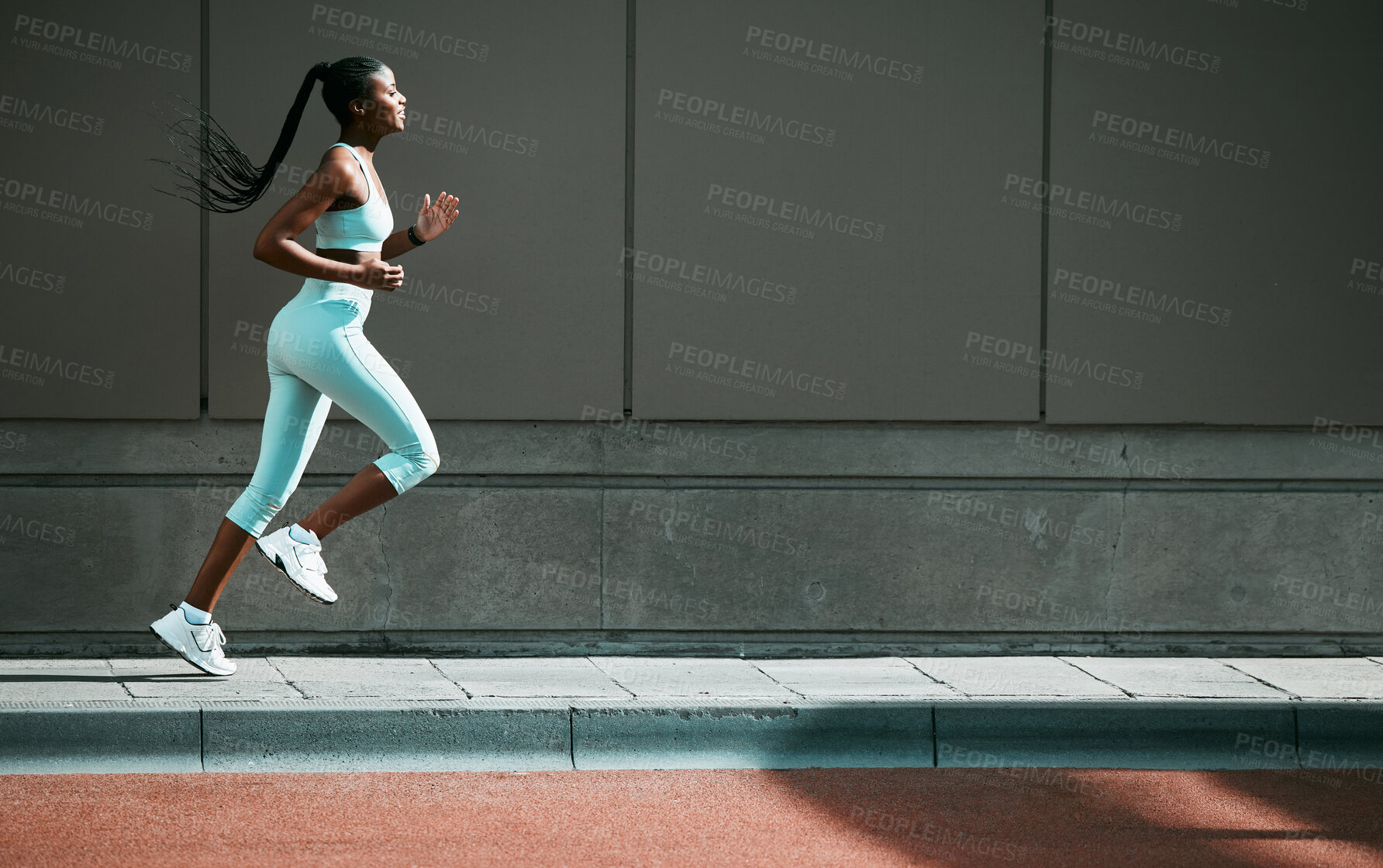 Buy stock photo Black woman, run and city sidewalk with training, exercise and fitness on urban road. Street, runner profile and female athlete with mockup and running workout for health, wellness and race outdoor