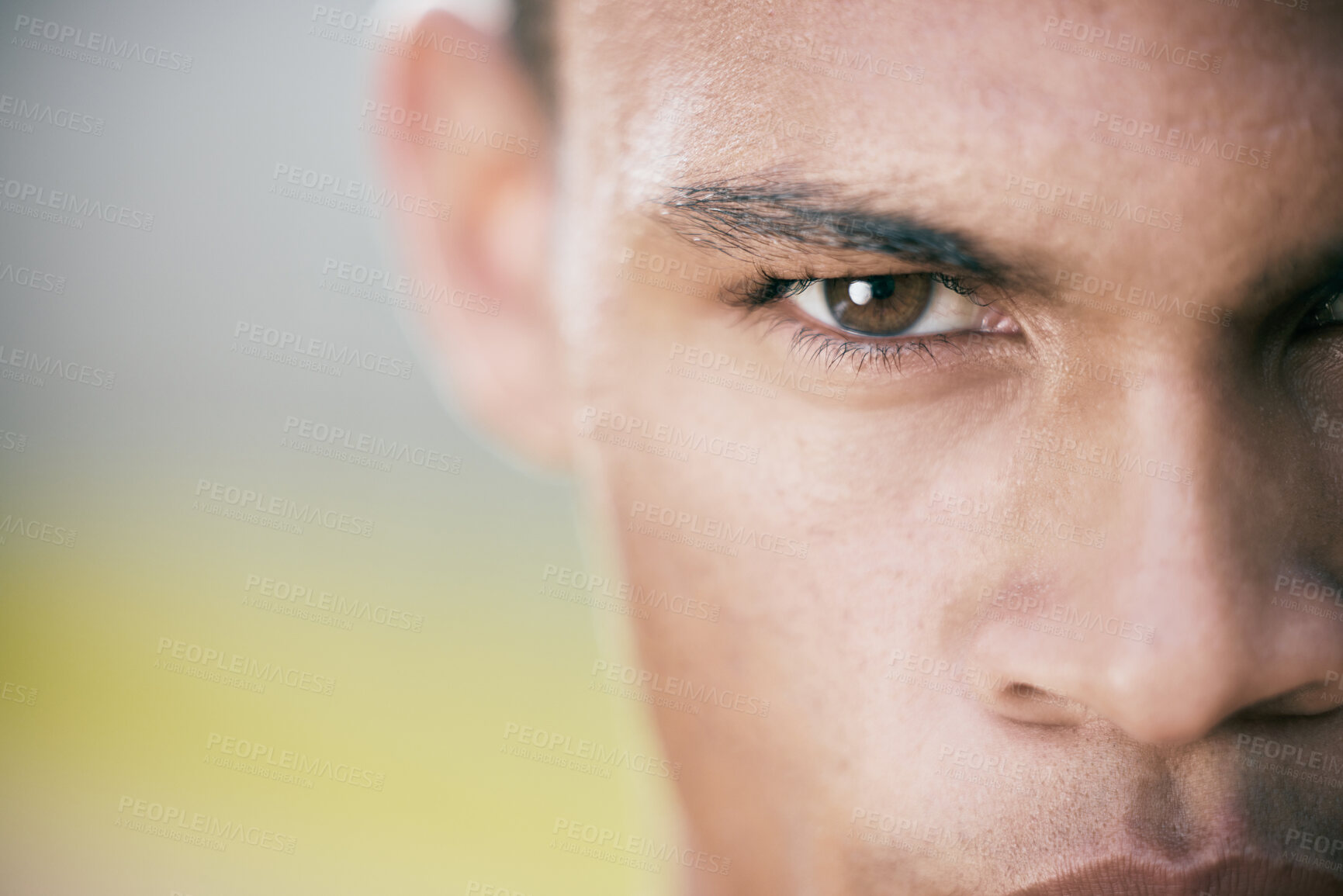 Buy stock photo Athlete portrait, man and serious with exercise for fitness, training and outdoor workout on mockup. Sport, person and face with attitude for determination, resilience and ready to practice on field