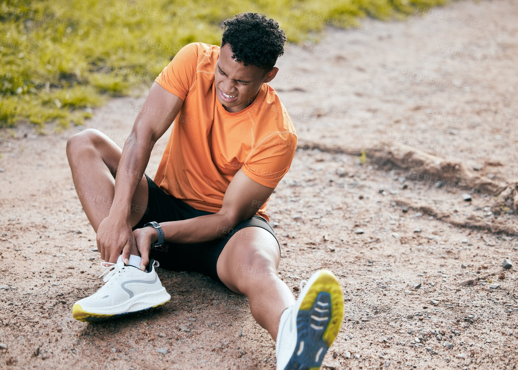 Buy stock photo Fitness, man and ankle pain from injury outdoor with workout accident, muscle tension and sprain on ground. Runner, athlete and medical emergency with training fracture, pressure and exercise strain