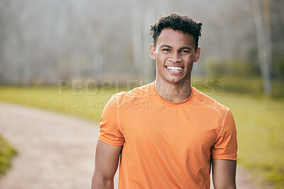 Buy stock photo Man, portrait and happy outdoor for fitness, exercise and running with smile or positive attitude in nature. Male person, athlete and confidence for workout, wellness and training with fun in forest