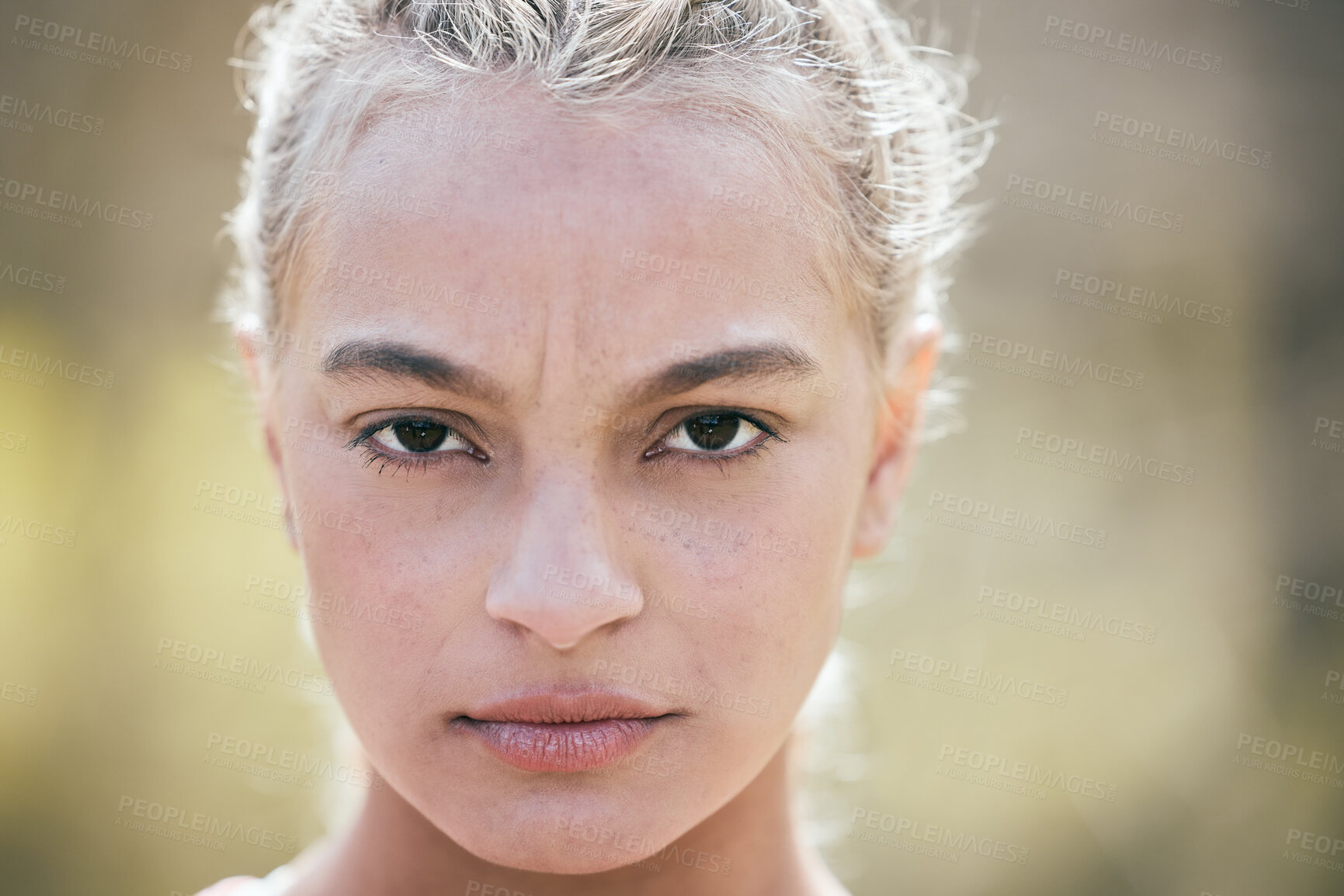 Buy stock photo Fitness, woman and confident in nature for portrait, wellness and determination for exercise. Athlete, face and serious in day for training, ambition and attitude with person for workout in Brazil