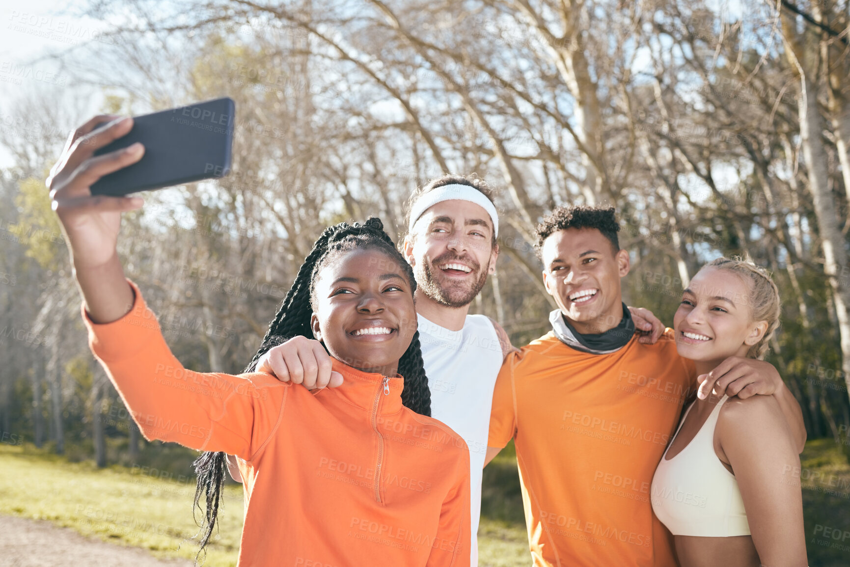 Buy stock photo Fitness, selfie and people in park for training, exercise and running workout in nature. Sports, friends and men and women for wellness, health and cardio outdoors for teamwork, photo and support