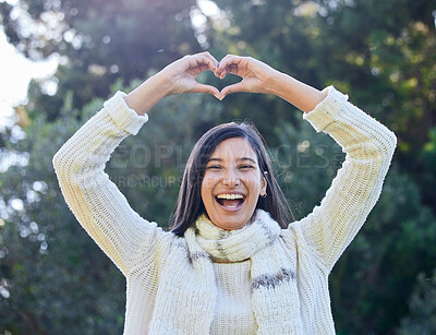 Buy stock photo Garden, portrait and woman with heart hand shape, emoji or icon for outdoor fun, nature and smile. Peace, like and happy girl in backyard with love sign for eco friendly care, wellness and support