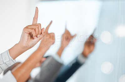 Buy stock photo Hands raised, business audience and questions at conference, seminar or meeting. Hand up, question and group of people asking, answer and crowd vote for training, feedback and volunteer at workshop.