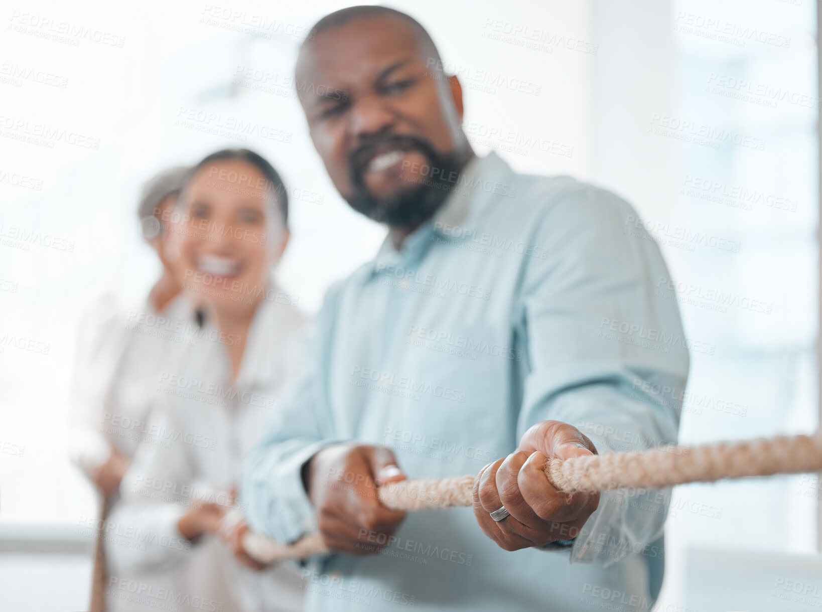 Buy stock photo Office, man and leader pulling rope with strength for team build exercise, collaboration and unity. People, employees and boss or manager with difficult challenge for teamwork, company and tug of war