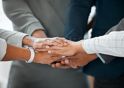 Buy stock photo Collaboration, hand or huddle of group of employees with motivation, trust or support, synergy and partnership. Teamwork, hands together or business people in cooperation, team building or solidarity