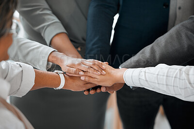 Buy stock photo Teamwork, hands together and business people in cooperation, team building and solidarity. Collaboration, hand huddle and group of employees with motivation, trust or support, goal and partnership
