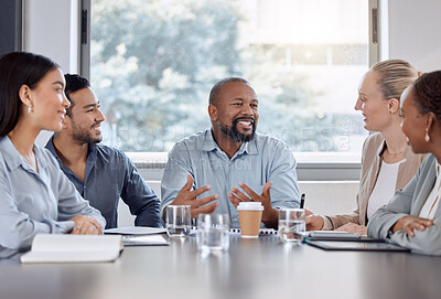 Buy stock photo Meeting, business people and discussion in boardroom for planning, project development or collaboration. Consulting agency, diversity and group of employees for conversation, proposal or ideas