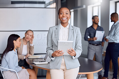 Buy stock photo Portrait, leader and business woman with tablet in team meeting for coworking, research or project. Smile, manager and professional entrepreneur on technology with happy financial broker in office