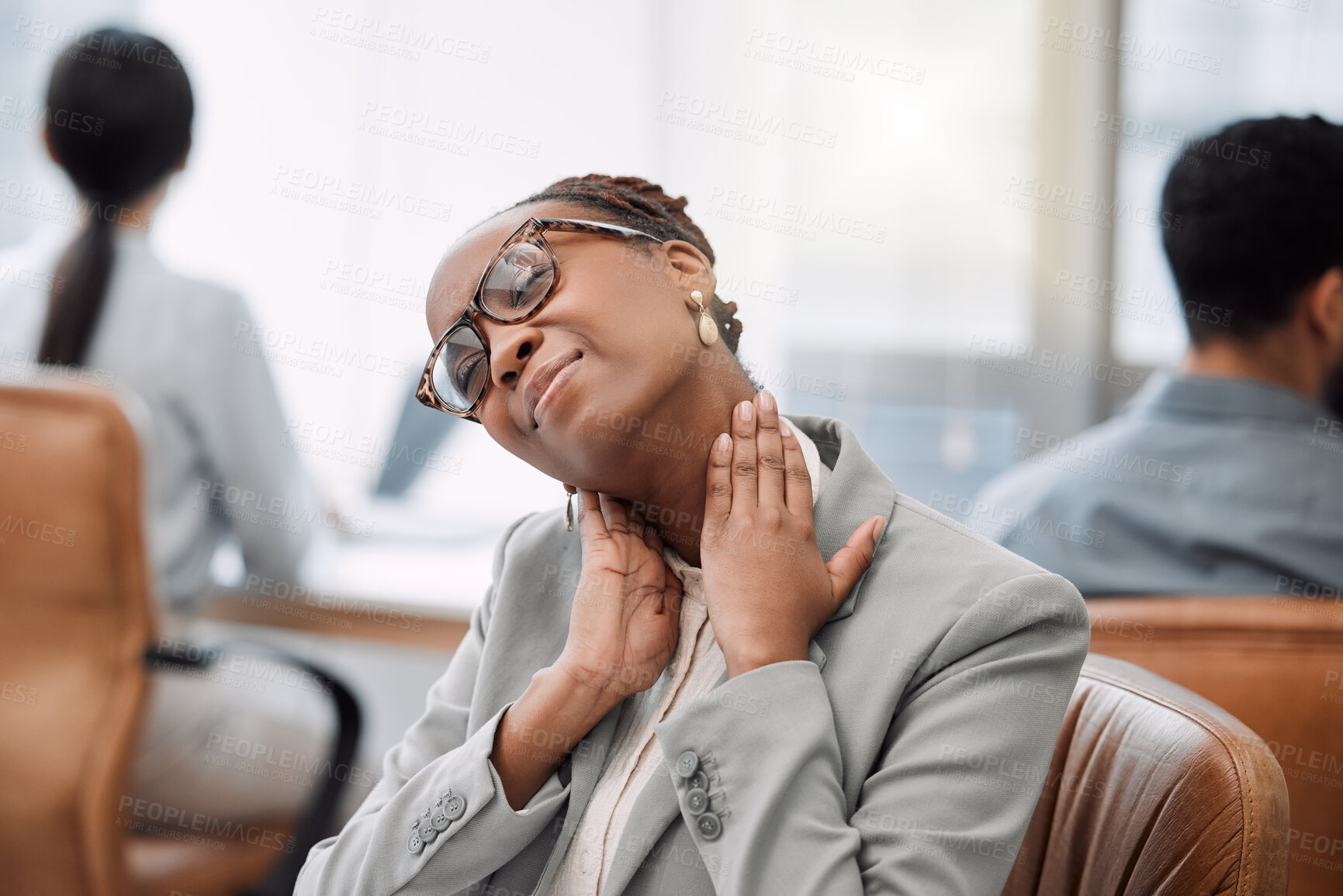 Buy stock photo Business, neck pain and black woman in office with injury, muscle inflammation or overworked. Tension problem, health emergency and female employee with ache for sprain, discomfort or burnout