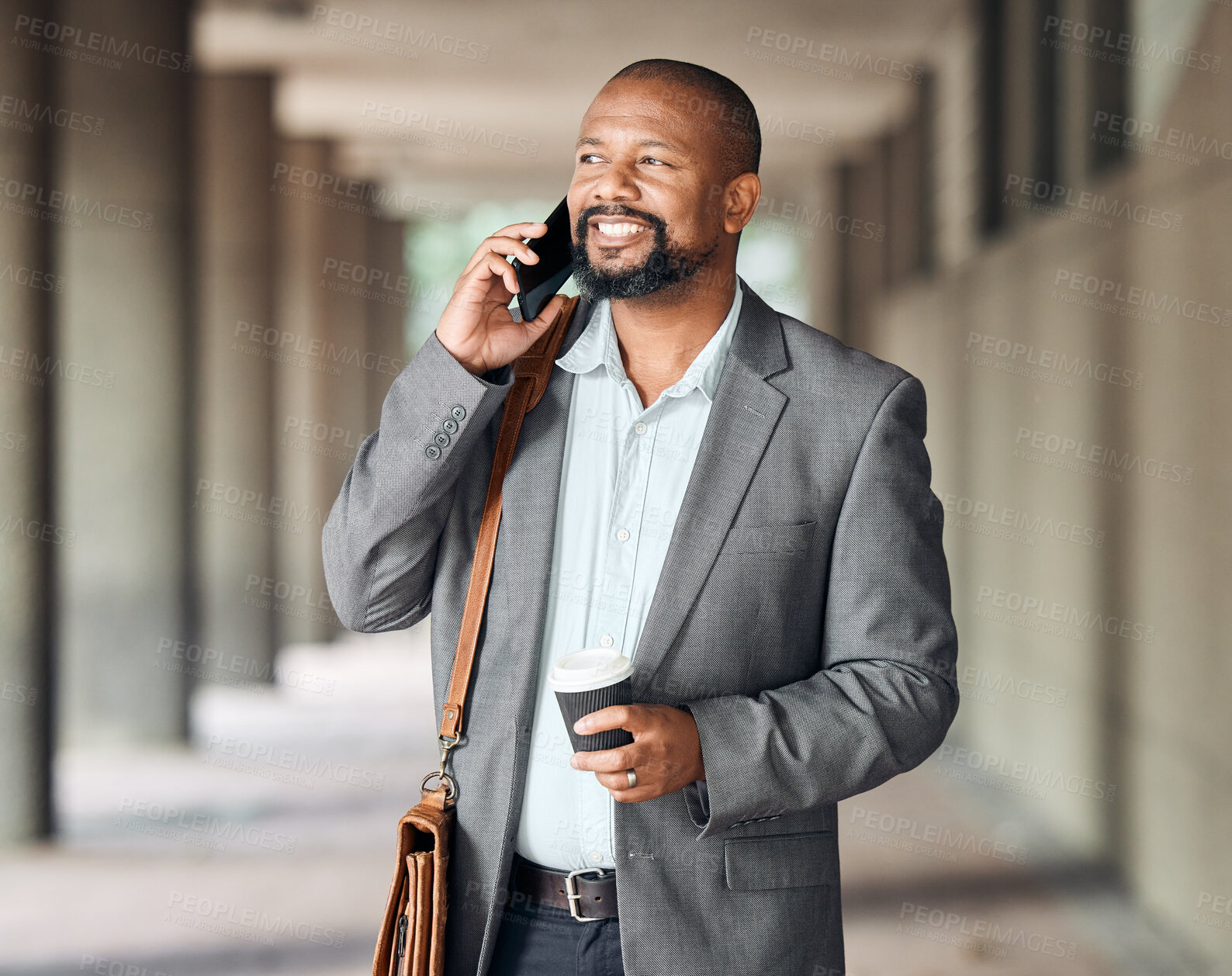 Buy stock photo Commute, phone call and mature business man outdoor in city for communication or walking to work. Corporate, smile and thinking with happy African employee drinking coffee in urban town for travel