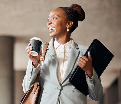 Buy stock photo Business, black woman and happy with coffee to travel for first day at work with pride and joy for career as accountant. Female employee, smile and positive with tablet for job opportunity and growth