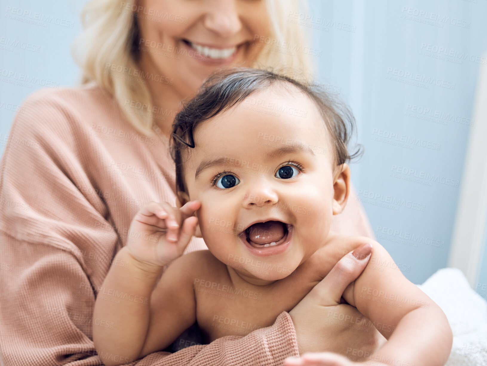 Buy stock photo Shot of a woman bonding with her adorable baby girl