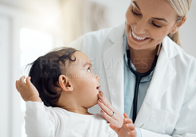 Buy stock photo Pediatrician, doctor and baby with consultation, checkup and appointment for wellness, medicare and smile. Professional, infant and kid in office, healthcare and progress with examination and joyful