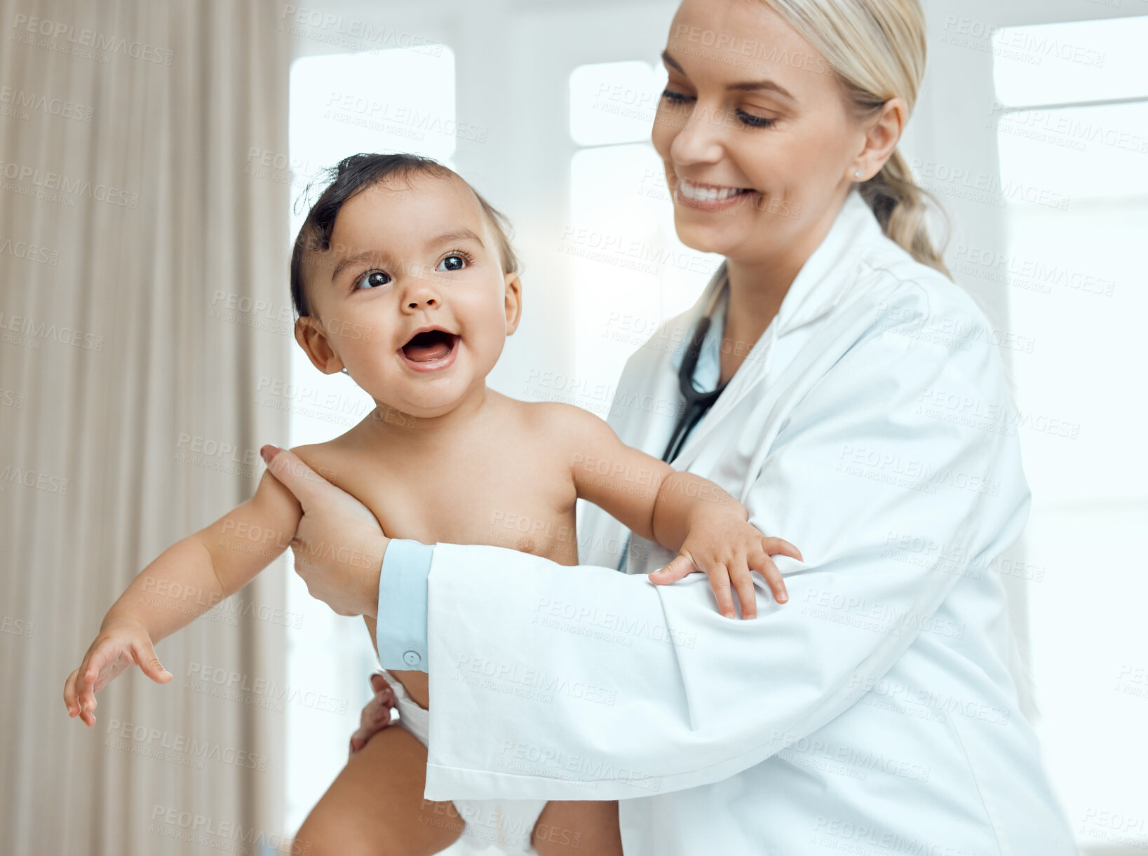 Buy stock photo Pediatrician, doctor and baby with consultation, healthcare and appointment for wellness, medicare and kid. Professional, infant and child in office, checkup and progress with examination and smile