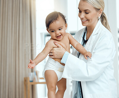 Buy stock photo Pediatrician, doctor and baby with consultation, smile and appointment for wellness, medicare and joyful. Professional, person and kid in office, healthcare and progress with examination and checkup