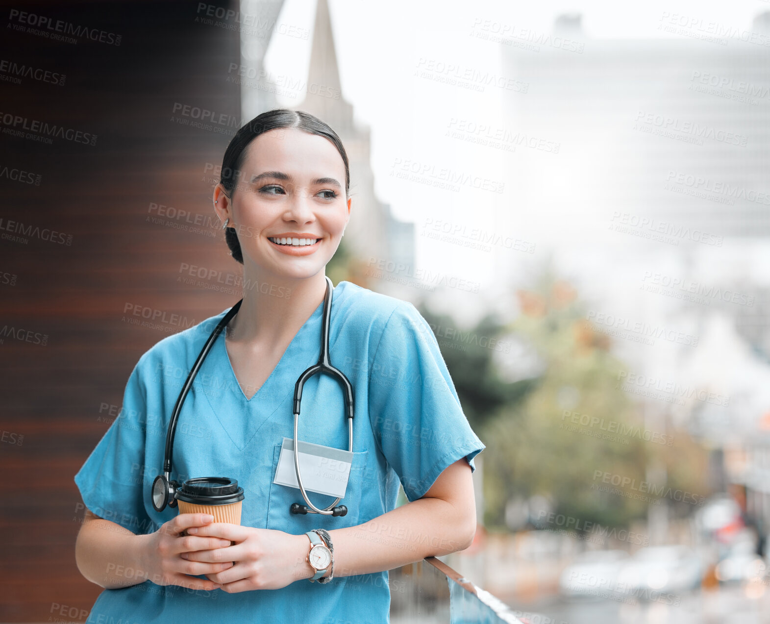 Buy stock photo Coffee, happy woman and doctor thinking of break in hospital for healthcare services, career or medicine. Proud, medical professional and confident physician with smile at clinic ready for nursing