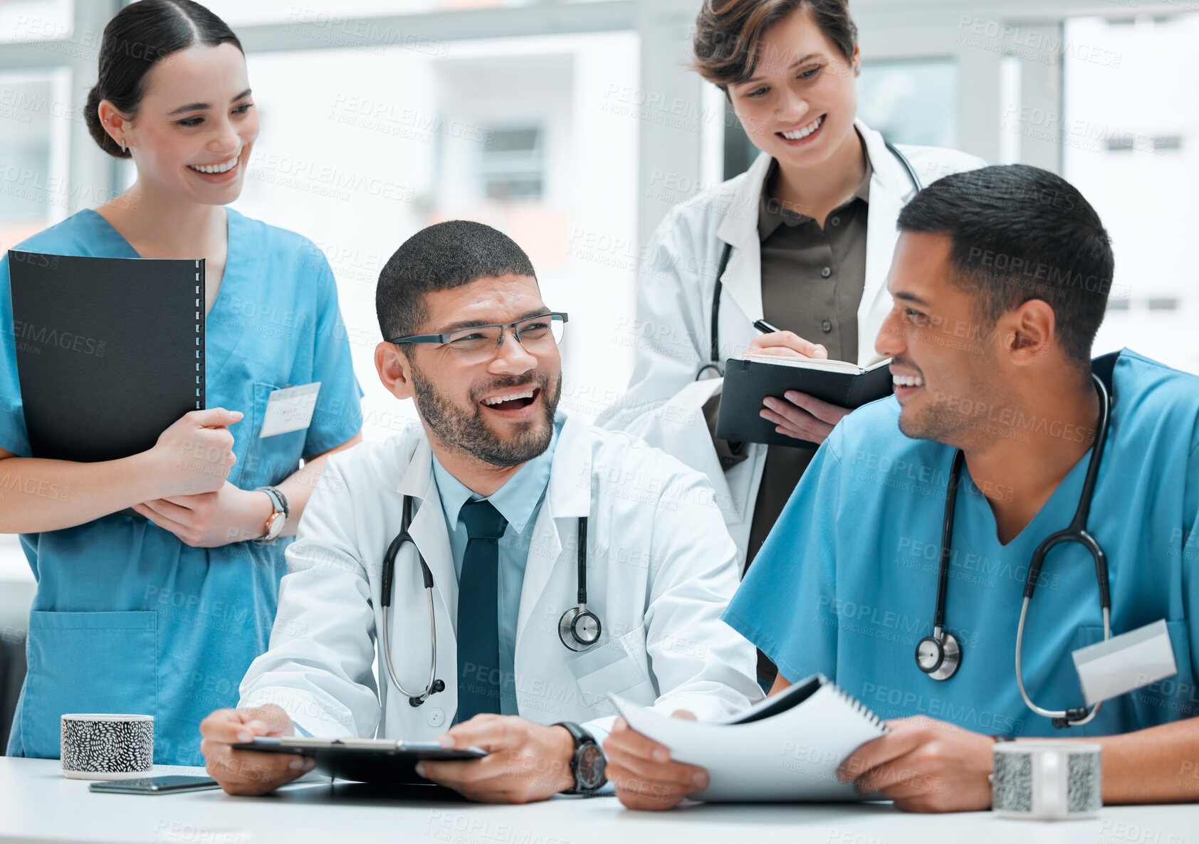 Buy stock photo Documents, teamwork and doctors laughing in meeting for medical diagnosis, discussion or paperwork. Joke, happy and people in funny conversation for collaboration, consulting or healthcare service